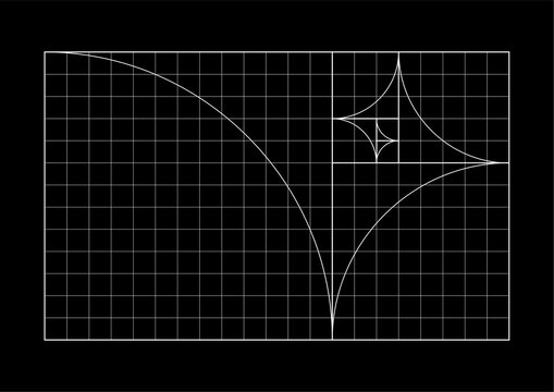 Golden Ratio Fibonacci Spiral Geometric Grid on Black Background.
