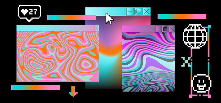 Vibrant retro UI tabs with swirling psychedelic patterns in neon pastels. Conceptual vector illustration for vaporwave aesthetics, retro computing nostalgia, digital surrealism, and glitch art.