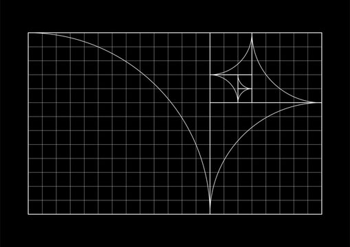 Golden Ratio Fibonacci Spiral Geometric Grid on Black Background.