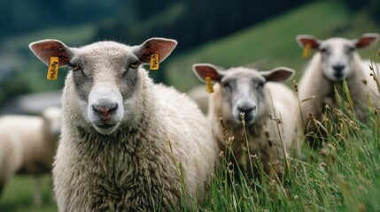 Obraz premium Sheep are grazing in a green field with grass. Several sheep are in focus while others are spread across the field. The sun is shining on a clear day.
