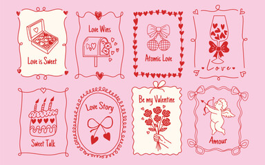 Hand Drawn Valentine's Day Concept Poster and Card Set- Romantic Celebration Greeting Templates, Cute Love Banners, and Happy Valentine Design Vectors.