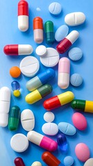 Colorful pills and capsules on blue surface