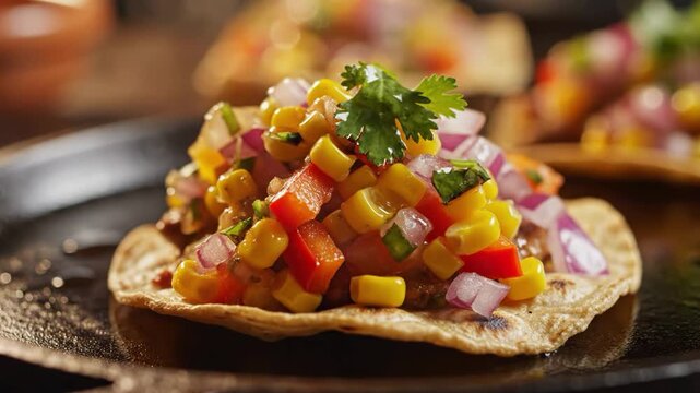 Closeup of a flavorful corn salsa tostada with cilantro garnish