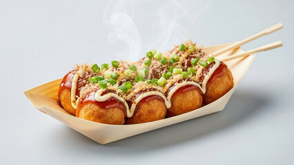 Takoyaki balls on a wooden plate with sauce and green onions on top