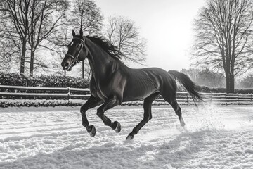 A majestic horse galloping through the snow at full speed. The scene captures a sense of freedom and raw power.