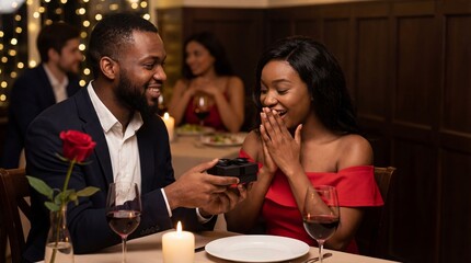 Obraz premium Happy Black couple on a romantic date in a restaurant with a man giving a gift box to a surprised woman in a red dress by candlelight at a table