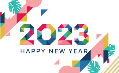Colorful Geometric Happy New Year 2023 Background with Abstract Low Poly Shapes and Tropical Leaves for Modern Festive Celebration Greeting Card (22 words)