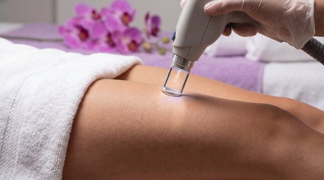Close-up of a beautician performing laser hair removal on a woman's thigh in a beauty salon with orchids in the background.