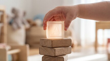 Closeup detail of small child hand carefully stacking glowing translucent alphabet block with letter A on top of wooden toy tower indoors
