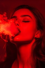 Stylish portrait of a young woman smoking with red smoke.