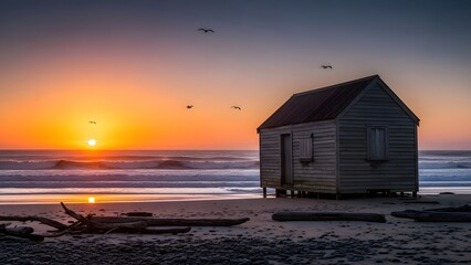 A rustic wooden shack stands on a tranquil beach at sunset with birds flying overhead
