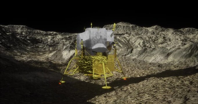 A lunar lander rests on the rugged surface of the moon, surrounded by a cratered landscape illuminated by soft twilight. The lunar terrain features hills and shadows enhancing its alien beauty.