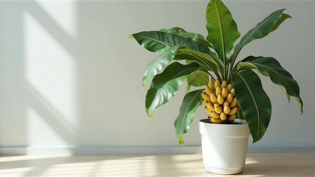 Banana plant tree with lush green leaves and ripe yellow fruit in white pot, indoor tropical houseplant decor 
