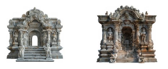 Ancient stone temple structures with intricate carvings isolated on transparent background