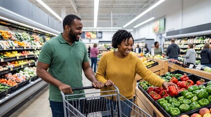 Happy young Black couple shopping for fresh vegetables in grocery store produce aisle smiling man pushing cart while woman selects red bell pepper