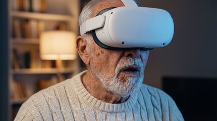 Amazed senior man with white beard wearing virtual reality headset experiencing immersive technology in living room with blue light reflection on face