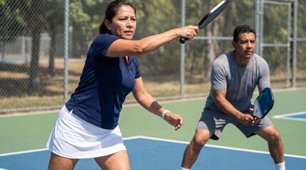 Active Hispanic senior woman swinging pickleball paddle on outdoor court with male partner ready in background during sunny day doubles match