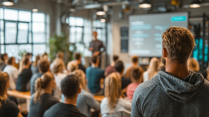Learning Session. A classroom setting with a focus on a lecturer and attentive students