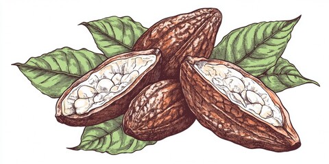 A line drawing featuring four cacao beans with one opened to reveal the interior.
