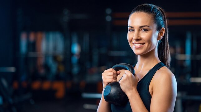 Smiling athletic woman holding black kettlebell weight at chest level in dark gym environment with blurred background for fitness training