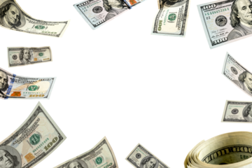 Dollar Cash Frame with Coins PNG. Money frame made of US dollar bills and coins. Transparent PNG isolated for financial design, business banners, marketing visuals and commercial projects.