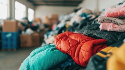 Piles of clothing for donation inside a community center during the day
