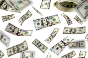 Money Rain Dollar Frame PNG. Scattered falling dollar banknotes forming a money frame. Transparent PNG overlay perfect for finance ads, marketing campaigns, presentations and business visuals.