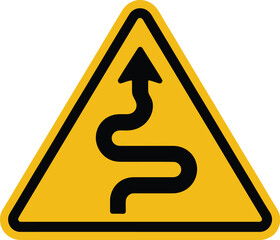 Caution road sign with arrow and winding road ahead