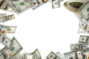 Falling Dollar Bills Frame PNG. Flying US dollar bills creating a dynamic money frame. High quality PNG overlay for finance promotions, advertising layouts, presentations and digital marketing project