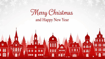 Fototapeta premium Merry Christmas and Happy New Year festive holiday card with red cityscape