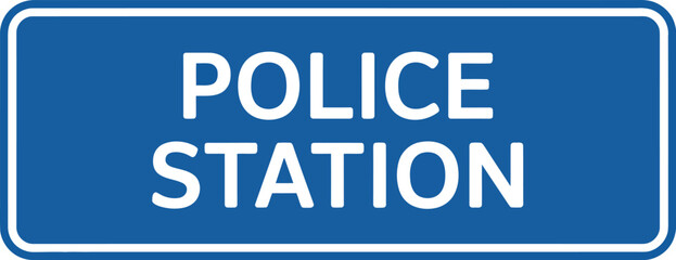 Fototapeta premium Police station sign with white text on blue background