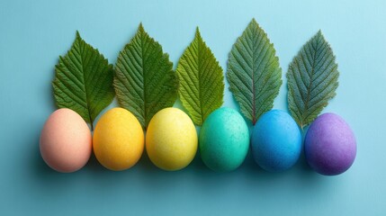 Colorful eggs arranged on green leaves against a blue background
