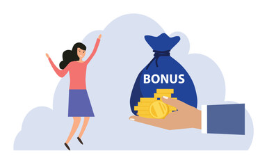 Business big hand giving bonus money to employer, encourage and motivate for the best performance, employee success recognition
