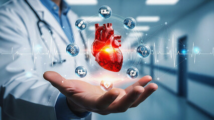 Doctor holding a digital heart with medical icons floating around it, representing advanced healthcare technology and cardiology innovation