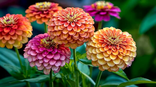 Close-up of colorful Zinnia flowers in full bloom in a garden.