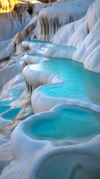 Travertine Terraces: Capturing a mesmerizing view of the stunning geological formations of Pamukkale, Turkey, with cascading turquoise waters creating a captivating scene.