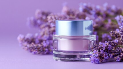 Lavender flowers surround cream jar on purple background in a simple setup