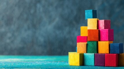 Colorful wooden blocks stacked in a pyramid shape on a blue table surface