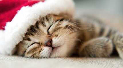 Kitten in a red hat sleeps peacefully on a soft surface