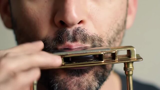 Harmonica performance by a bearded musician in a close-up studio shot, music instrument