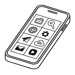 Title: A smartphone displaying a grid of app on its screen in a minimalist line style