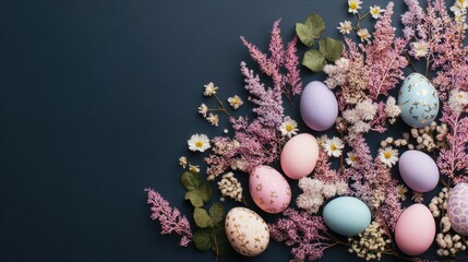Colorful Easter eggs and flowers arranged on a dark background
