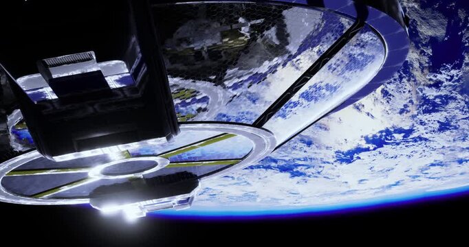 A futuristic space station orbits Earth, showcasing the planets curvature, vibrant colors of the atmosphere, and the deep darkness of space in the background.