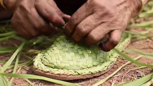 Crafting footwear: A weaver's hands create traditional grass shoes with intricate detail