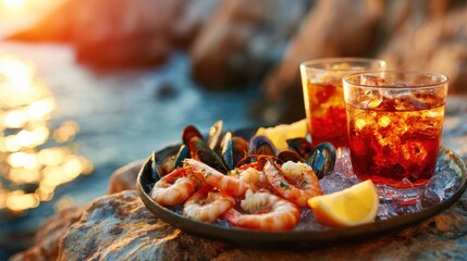 Seafood and drinks served on a plate by the ocean during sunset © tashechka