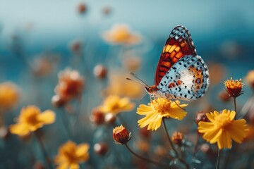 Obraz premium Colorful butterfly perched on vibrant yellow flowers, showcasing