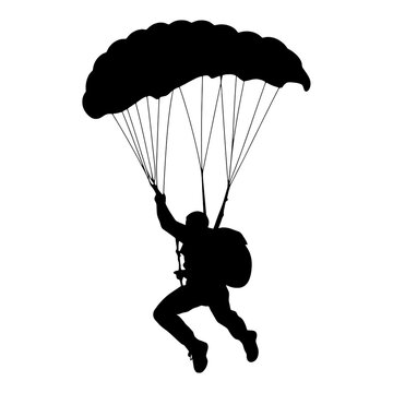 Detailed black silhouette of a paratrooper descending with an open parachute, perfect for military, airborne, and skydiving themes, symbolizing courage and adventure PNG