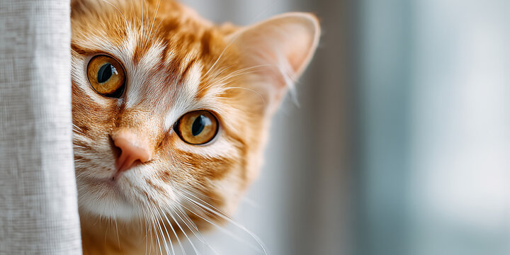 Close-up portrait of a ginger tabby cat peeking from behind a light-colored curtain, with wide amber eyes and fine whiskers in soft natural indoor light, creating a calm and curious mood - Powered by Adobe