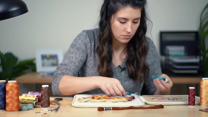 Woman demonstrating embroidery techniques using thread and needle for a creative craft project