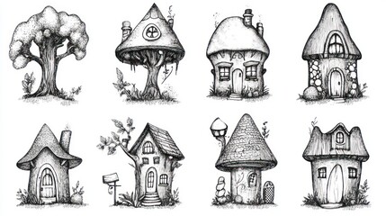 Fototapeta premium Hand-drawn whimsical fairy houses and tree set in monochrome, for storybook or illustration